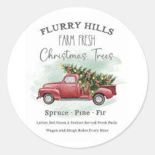 Sticker Rond Camion vintage Avec Arbre De Noël Ferme Fresque