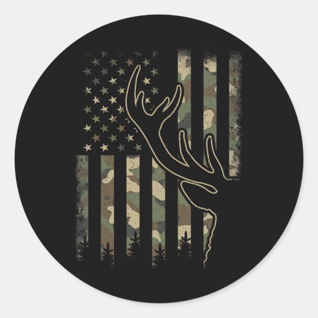 Sticker Rond Camo Us Drapeau Elk Buck Camouflage Deer Chasse Ch (Devant)