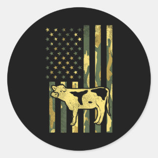Sticker Rond Camo US Drapeau Vache Militaire Ferme Animal Patri