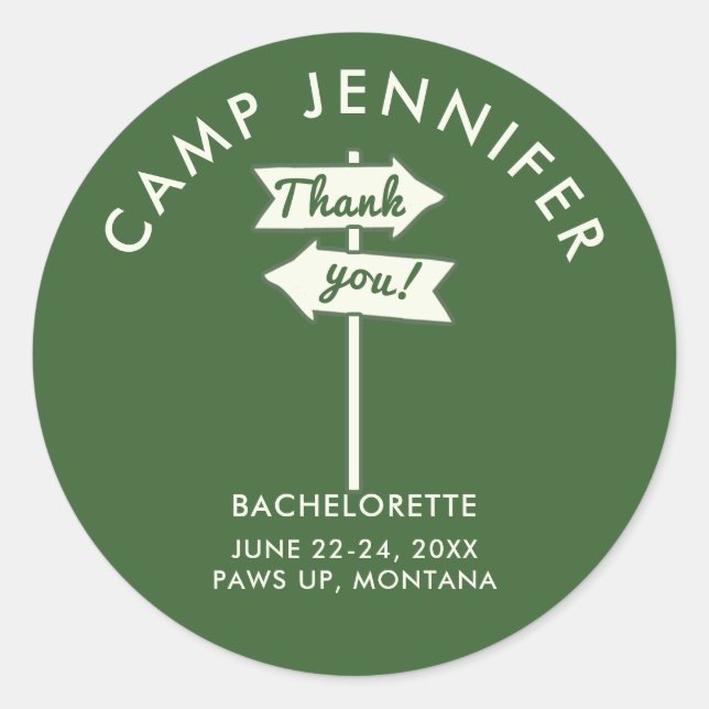 Sticker Rond Camp Bachelorette Party Forest Green Merci (Devant)