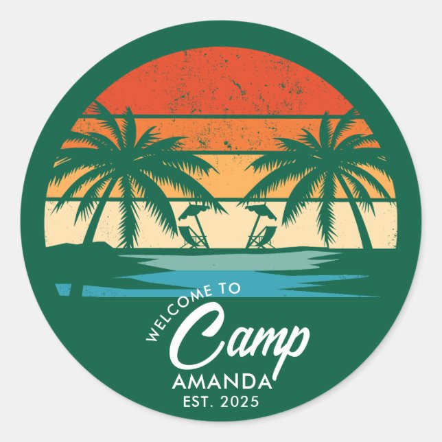 Sticker Rond Camp de plage personnalisé Bachelorette Party pers (Devant)