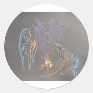 Sticker Rond Camp Fire Amérindien Guerrier