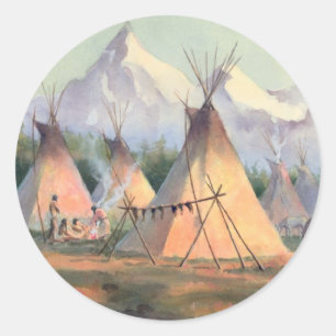 STICKER ROND CAMP TIPI INDIEN PAR SHARON SHARPE