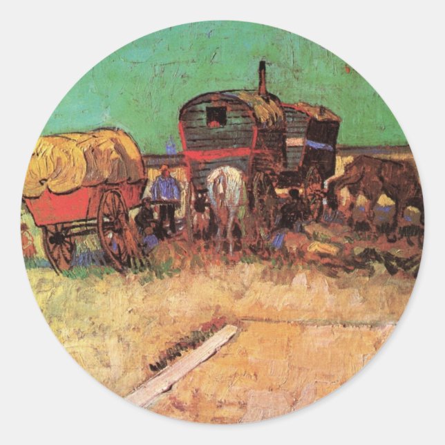Sticker Rond Campement des Tziganes avec caravanes par van Gogh (Devant)