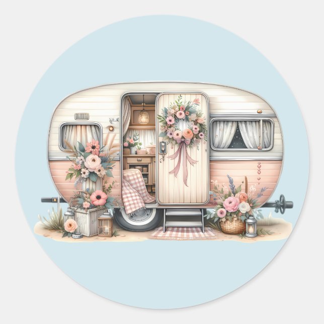 Sticker Rond Camper Boho avec couronne florale et pastels rose (Devant)