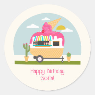 Sticker Rond Camper Camper Girls Crème Glace Anniversaire rose