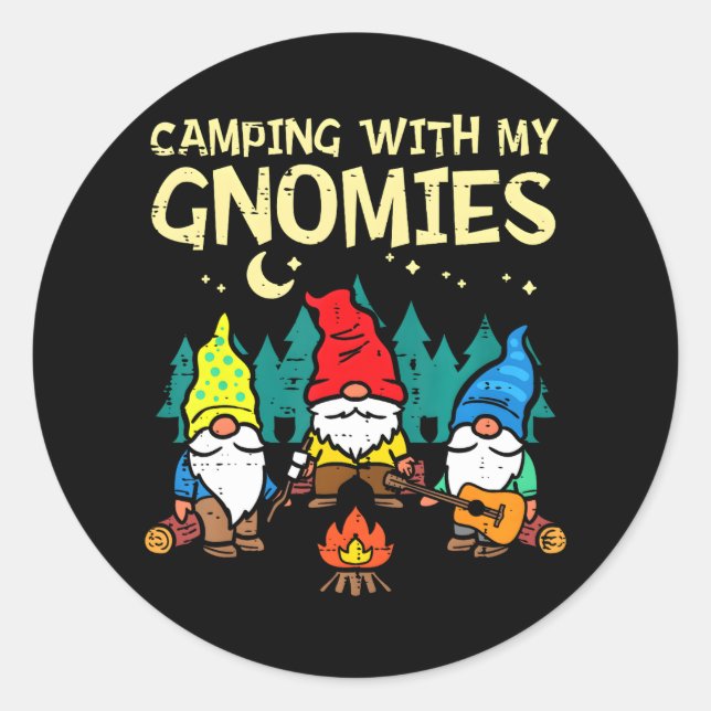 Sticker Rond Camping Avec Mes Gnomies Drôle Gnomes Camper (Devant)