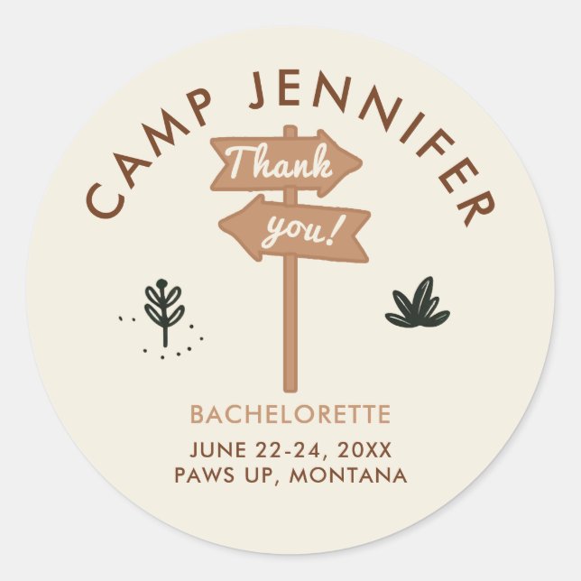 Sticker Rond Camping Camping Earthy Bachelorette Party Merci (Devant)