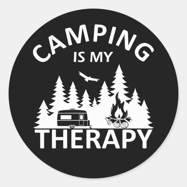 Sticker Rond Camping est ma thérapie drôle slogan de camper (Devant)