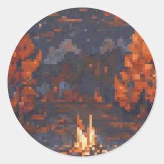 Sticker Rond Camping Life Pixel Art Feu Tente Étoiles Extérieur