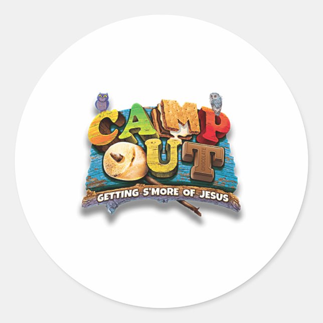 Sticker Rond Camping pour obtenir plus de Jésus. Un été cool ! (Devant)
