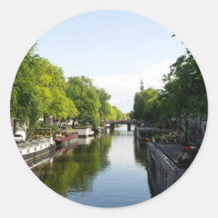 Sticker Rond Canal d'Amsterdam avec bateaux et pont