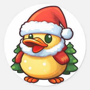 Sticker Rond Canard de Noël mignon dans chapeau de Santa