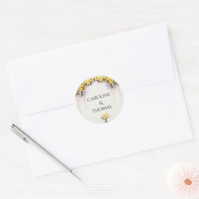 Sticker Rond Canary Yellow Romantic Freesia  Floral Wedding (Enveloppe)