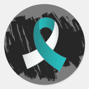 Sticker Rond Cancer Cervical Turquoise Ruban Blanc Avec Scribbl