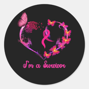 Sticker Rond Cancer du sein Je suis un survivant Coeur papillon