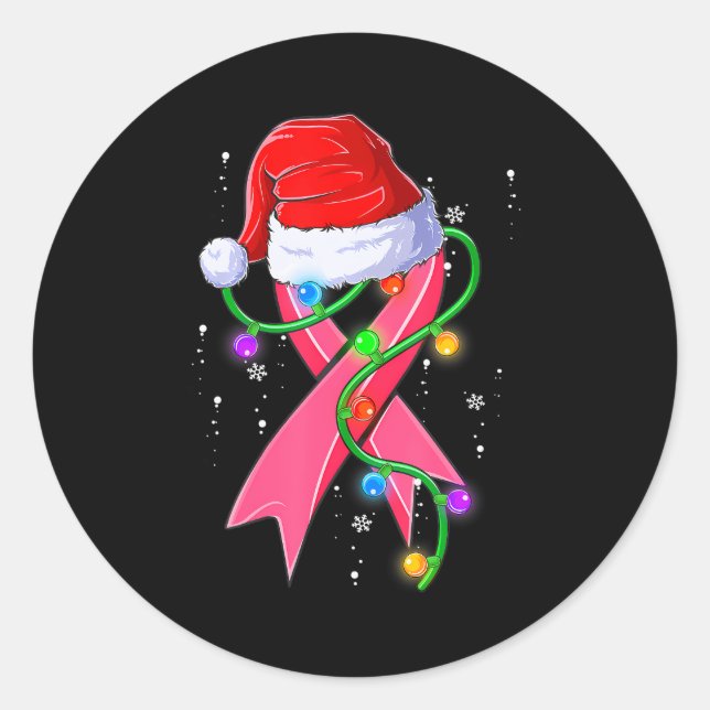 Sticker Rond Cancer du sein Noël Santa Hat rose Ruban (Devant)