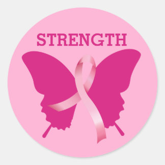 Sticker Rond Cancer du sein Papillon rose Ruban Force