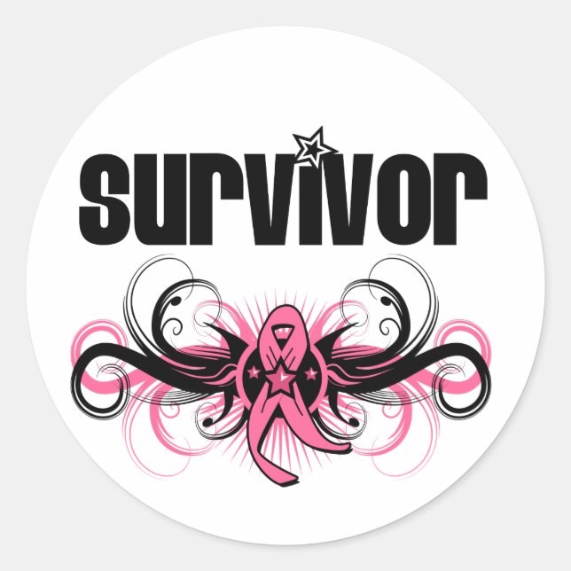 Sticker Rond Cancer du sein Survivant Grunge Emblem ailé (Devant)