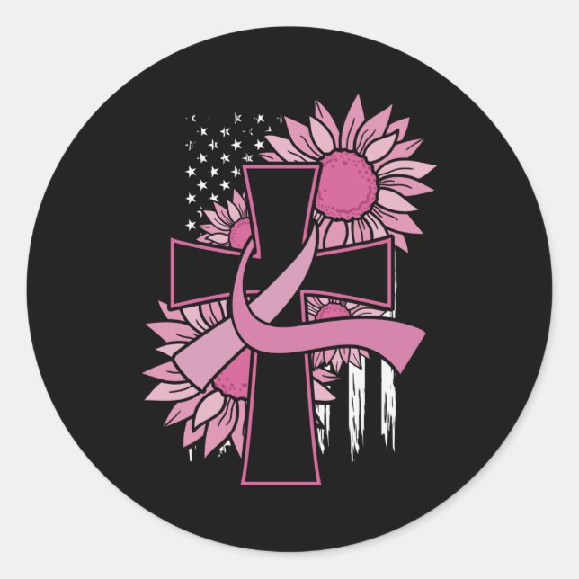 Sticker Rond Cancer du sein Tournesol rose Ruban Croix Foi (Devant)