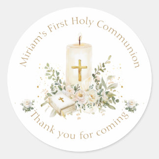 Sticker Rond Candle Cross Bible Roses First Holy Communion