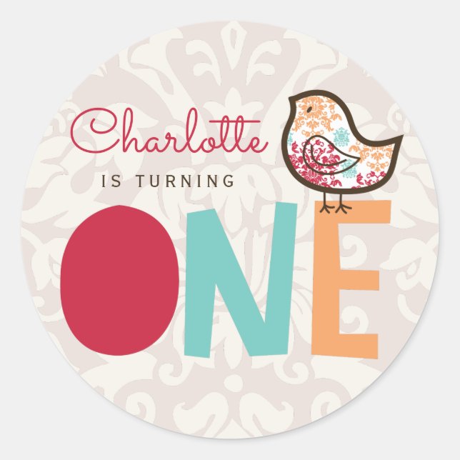 Sticker Rond Candy Damask Chick Girl 1er anniversaire fête Favo (Devant)