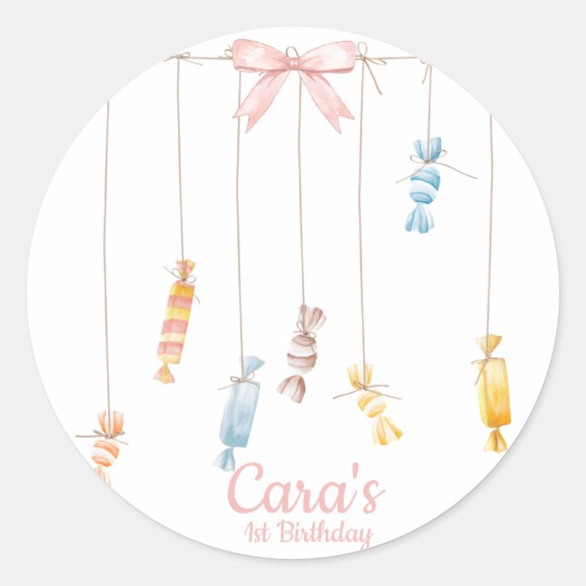 Sticker Rond Candy land rose Premier anniversaire Fête Invitati (Devant)