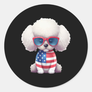 Sticker Rond Caniche jouet avec drapeau patriotique américain d