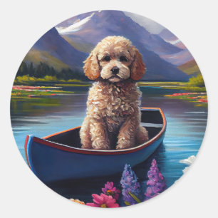Sticker Rond Caniche sur une pagaie : Une aventure panoramique