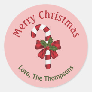 Sticker Rond Canne de bonbons rouge et blanc avec texte Joyeux 