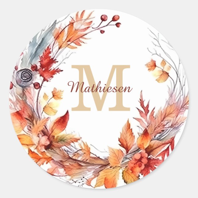 Sticker Rond Cannelle Automne laisse Wreath Monogramme (Devant)