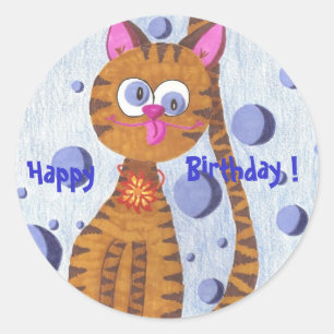 Sticker Rond Cannelle le chat Joyeux, Anniversaire ! autocollan