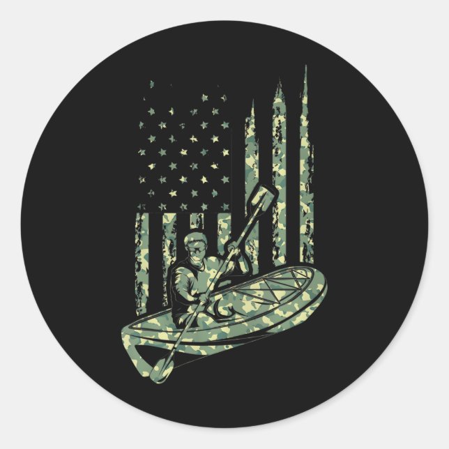 Sticker Rond Canoë Kayaker Camouflage US Drapeau Sport extérieu (Devant)