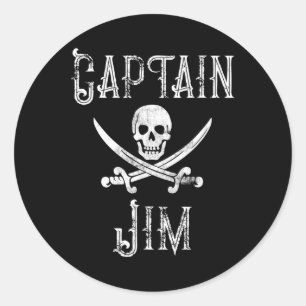 Sticker Rond Capitaine Jim Vintage Pirate Personnalisé Skull Bo