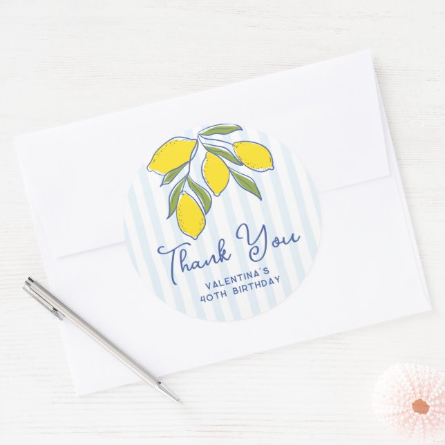 Sticker Rond Capri Italian Hand Drawn Lemons Blue Stripes (Enveloppe)