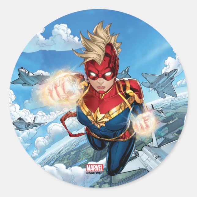 Sticker Rond Captain Marvel volant avec des jets (Devant)