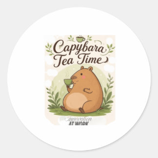 Sticker Rond Capybara à l'heure du thé | Capybara mignon buvant