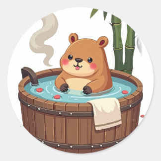 Sticker Rond Capybara Bain à Remous Zen Relaxation Kawaii Anima