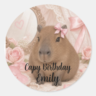 Sticker Rond capybara coquette arc-en-ciel