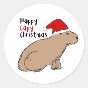 Sticker Rond Capybara De Noël Mignonne Illustré À La Main