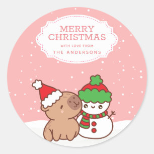 Sticker Rond Capybara Et Snowman Mets Joyeux Noël