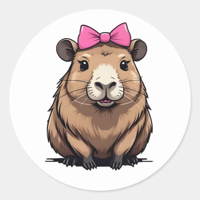 Sticker Rond Capybara mignonne avec béquille en ruban rose femm (Devant)