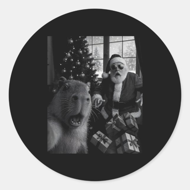 Sticker Rond Capybara Selfie With Santa Funny Capybara For Men  (Devant)