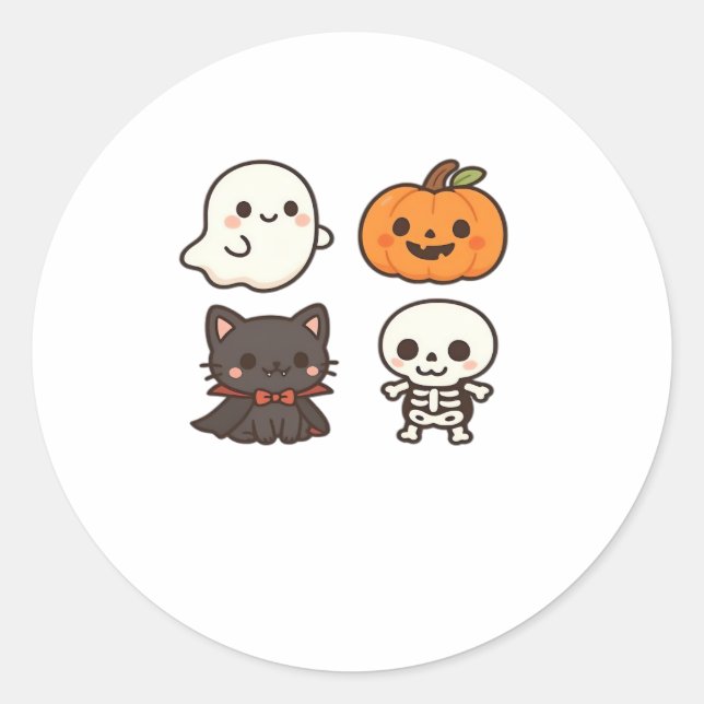Sticker Rond Caractères d'Halloween - Fantôme, Citrouille, Chat (Devant)