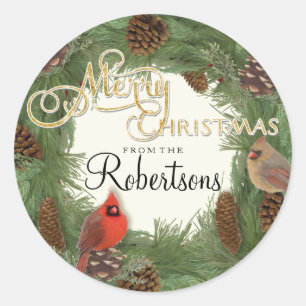Sticker Rond Cardinal Christmas Wreath Script Gold Tags cadeaux
