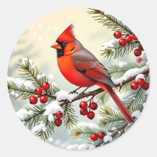 Sticker Rond Cardinal de Noël sur branche de pin enneigée 