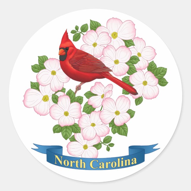 Sticker Rond Cardinal d'État de Caroline du Nord Oiseau Dogwood (Devant)