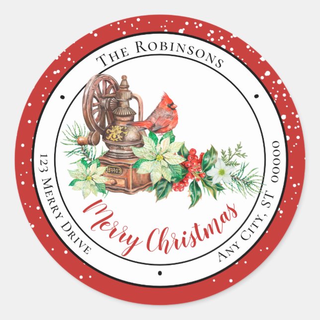 Sticker Rond Cardinal Joyeux Noël Floral Adresse de retour (Devant)