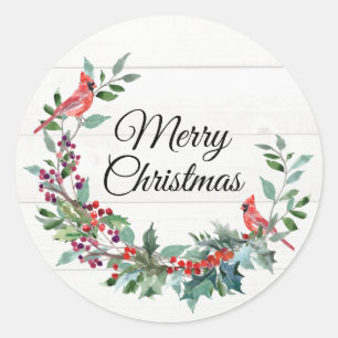 Sticker Rond Cardinal Joyeux Noël Watercolor Wreath