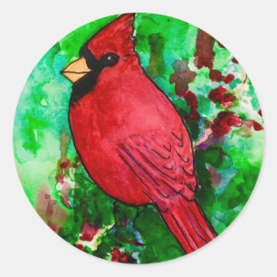 Sticker Rond Cardinal Red Bird Green Forest Aquarelle Peinture